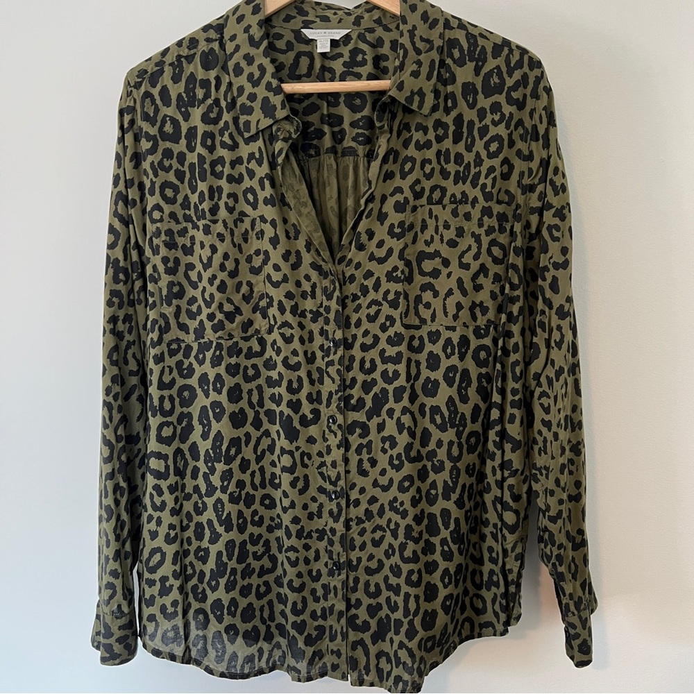 Lucky Brand Olive Animal Print Button-Down Shirt